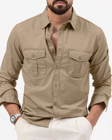 Herren nan Zweiten Brusttaschen-Hemd aus Baumwollmix mit Kentkragen und kastigem Casual-Schnitt Drune in Khaki