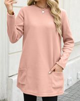 Damen nan legeres Fleece-Tunika-Kleid mit Rundhalsausschnitt und aufgesetzten Taschen Drune in Pink