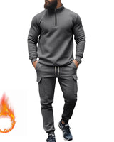 Herren nan Strick-Trainingsset mit halbem Reißverschluss, Zopfmuster-Pulli und Kordelzug-Jogger Drune in Dunkelgrau