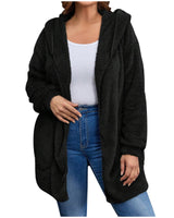 Damen nan kuschelige Teddy-Fleece Kapuzenjacke mit großen Eingrifftaschen und entspannter Silhouette Drune in Schwarz
