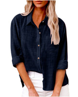 Damen nan oversized Leinen-Baumwollmix Hemdbluse mit Brusttasche und krempelbaren Ärmeln Drune in Dunkelblau
