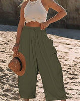 Damen nan weite Palazzohose aus leichtem Leinenmix mit Tunnelzug und seitlicher Tasche Drune in Militärgrün