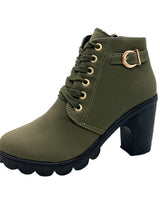 Damen nan elegante Schnür-Stiefelette mit mittlerem Blockabsatz, profilierter Gummilaufsohle und dekorativer Metallschnalle Drune in Grün