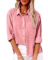 Damen nan oversized Leinen-Baumwollmix Hemdbluse mit Brusttasche und krempelbaren Ärmeln Drune in Pink