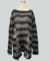 Damen nan Oversized Grobstrickpullover mit breiten Blockstreifen und aufgerissenem Design Drune in Langer Schnitt Schwarzgrau