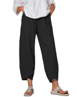 Damen nan lockere Leinenhose mit hohem Bund, Tulpen-Saum und seitlichen Eingrifftaschen Drune in Schwarz