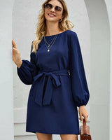 Damen nan elegantes Etuikleid mit Ballonärmeln und Taillengürtel Drune in Dunkelblau