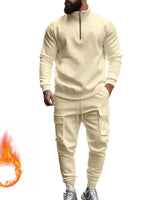 Herren nan Strick-Trainingsset mit halbem Reißverschluss, Zopfmuster-Pulli und Kordelzug-Jogger Drune in Apricot