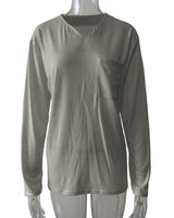 Damen nan legeres Langarmshirt mit V-Notch-Ausschnitt, Brusttasche und lockerer Oversize-Passform Drune in Mit Taschen – Hellgrau Langarm