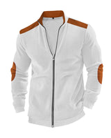 Herren nan Stehkragen-Sweatjacke mit feiner Rippstruktur, Ellbogen-Patches und kontrastierenden Schulterdetails Drune in Weiß