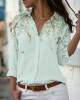 Damen nan leichte Chiffonbluse mit floralem Vogelprint, Knopfleiste und lässigem Schnitt Drune in Grün