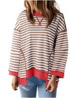 Damen nan oversized gestreifter Sweatshirtpullover mit kontrastsaum, überschnittener Schulter und seitlichen Schlitzen Drune in Weinrot gestreift
