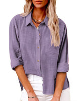 Damen nan oversized Leinen-Baumwollmix Hemdbluse mit Brusttasche und krempelbaren Ärmeln Drune in Dunkelviolett
