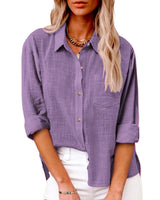 Damen nan oversized Leinen-Baumwollmix Hemdbluse mit Brusttasche und krempelbaren Ärmeln Drune in Violett