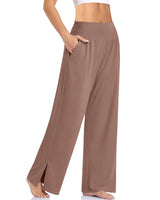 Damen nan weite Yogahose mit hohem Komfortbund, seitlichen Eingrifftaschen und seitlichem Bein-Schlitz Drune in Hellkaffee