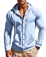 Herren nan figurbetonte Kapuzenhemd-Jacke aus Baumwollmix mit Druckknopfleiste und Kängurutasche Drune in Hellblau