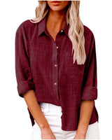 Damen nan oversized Leinen-Baumwollmix Hemdbluse mit Brusttasche und krempelbaren Ärmeln Drune in Weinrot