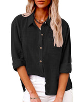 Damen nan oversized Leinen-Baumwollmix Hemdbluse mit Brusttasche und krempelbaren Ärmeln Drune in Schwarz