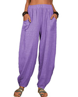Damen nan lockere Leinenhose mit weitem Bein elastischem Bund und großen aufgesetzten Taschen Drune in Violett