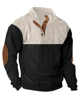 Herren nan gerippter Pullover mit Stehkragen, Knopfleiste und Ellbogen-Patches Drune in Apricot + Schwarz