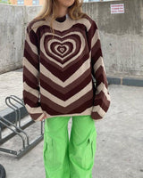Damen nan oversized Strickpullover mit Herz-Intarsie und Chevron-Muster Drune in Kaffee