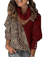 Damen nan gerippter Pullover mit Schalkragen und asymmetrischem Leo-Print-Panel sowie dekorativen Ärmelknöpfen Drune in Weinrot