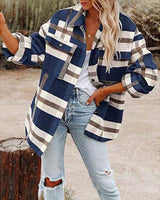Damen nan karierte Overshirtjacke mit Brusttaschen und lockerer Passform Drune in Blau
