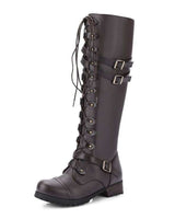 Damen nan kniehohe Schnürstiefel im Militär-Vintage Stil mit dekorativen Riemen und verstellbaren Schnallen Drune in Kaffeebraun