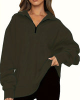 Damen nan Oversized Sweatshirt mit Kurzreißverschluss, Stehkragen und Kängurutasche Drune in Olivgrün