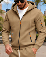 Herren nan Kapuzen-Sweatjacke mit durchgehendem Reißverschluss, mehreren Reißverschlusstaschen und Ärmel-Pocket Drune in Kamel