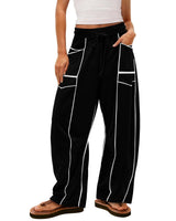 Damen nan weite Lounge-Hose mit Kordelzug, Kontrastpaspelierung und Cargo-Taschen Drune in Schwarz