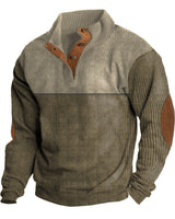 Herren nan strukturiertes Rugby-Pullover mit Stehkragen, Knopfleiste und Leder-Ellenbogenpatches Drune in Khaki+Khaki