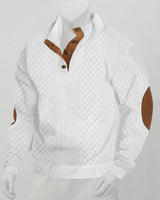 Herren nan grobstrukturierter Halfzip-Strickpullover mit kontrastreicher Knopfleiste und Ellbogenpatches Drune in Weiß