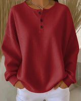 Damen nan Oversized Waffelstrick Henley-Pullover mit Knopfleiste und abgerundetem Saum Drune in Rot