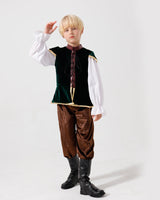 Unisex nan mittelalterliches Kinderkostüm Set mit Samtweste, geraffter Pluderhose und Renaissance-Details Drune in Dunkelgrün