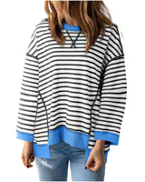Damen nan oversized gestreifter Sweatshirtpullover mit kontrastsaum, überschnittener Schulter und seitlichen Schlitzen Drune in Schwarz-Weiß gestreift