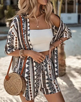 Hana | Damen Kimono-Set Shorts Blumenmuster Sommer in Braun