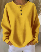 Damen nan Oversized Waffelstrick Henley-Pullover mit Knopfleiste und abgerundetem Saum Drune in Gelb