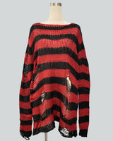 Damen nan Oversized Grobstrickpullover mit breiten Blockstreifen und aufgerissenem Design Drune in Langer Schnitt Schwarz-Rot