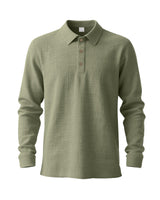 Herren nan langärmliges Baumwoll-Musselin Polohemd mit Holzknopfleiste und klassischem Kragen Drune in Olivgrün