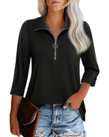 Damen nan lässige Bluse mit Reißverschlusskragen dreiviertelärmel und ausgestelltem Saum Drune in Schwarz