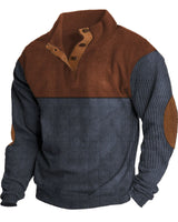 Herren nan grober Rippstrick-Pullover mit Stehkragen, Knopfleiste und markanten Ellenbogenpatches Drune in Rot + Blau