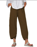 Damen nan lockere Leinenhose mit hohem Bund, Tulpen-Saum und seitlichen Eingrifftaschen Drune in Kaffeebraun