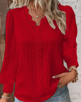 Damen nan romantische V-Ausschnitt Spitzenbluse mit Plissee und Puffärmeln Drune in Rot