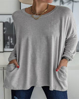 Damen nan oversized Longsleeve-Tunika mit Rundhalsausschnitt, überschnittener Schulter und aufgesetzten Taschen Drune in Grau