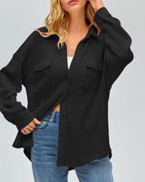 Damen nan oversized Waffelstrick Hemdjacke mit Brusttaschen und Knopfleiste Drune in Schwarz