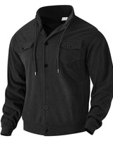Herren nan strukturierte Cord-Workerjacke mit verdeckter Kapuze, Druckknopfverschluss und aufgesetzten Brusttaschen Drune in Schwarz