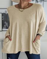 Damen nan oversized Longsleeve-Tunika mit Rundhalsausschnitt, überschnittener Schulter und aufgesetzten Taschen Drune in Khaki