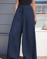 Damen nan weite Palazzo-Hose mit hohem Paperbag-Bund, elastischem Tunnelzug und vorderer Beinschlitz Drune in Marineblau