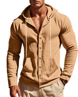 Herren nan figurbetonte Kapuzenhemd-Jacke aus Baumwollmix mit Druckknopfleiste und Kängurutasche Drune in Lehmgelb